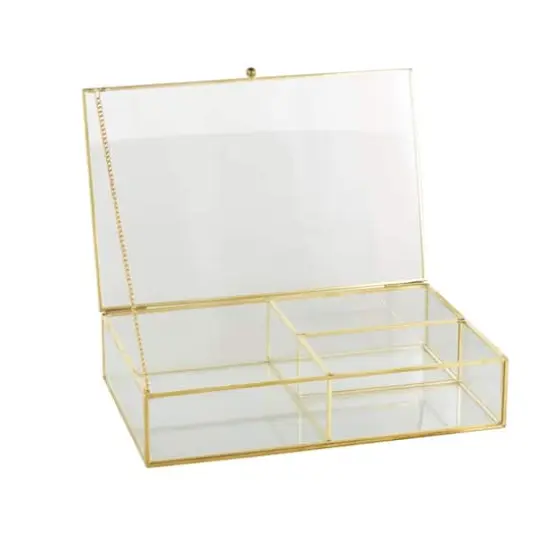10" x 7" x 2" Clear & Gold 3-Slot Glass & Metal Jewelry Box with Chain Accent {4}