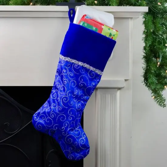 20.5" Blue & Silver Glitter Filigree Swirls Stocking {4}