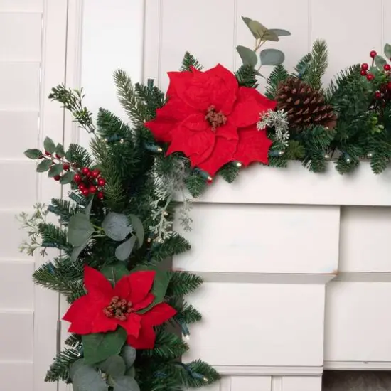 9ft. Pre-Lit LED Christmas Poinsettia Artificial Garland {7}
