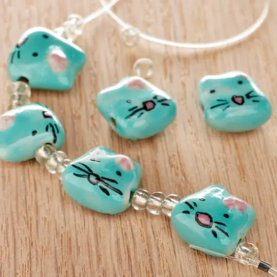 Aqua & Pink Cat Ceramic Beads, 14mm by Bead Landing&trade; {3}