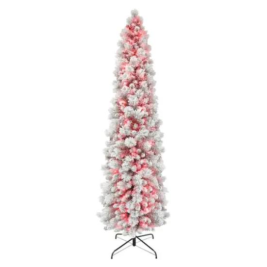 7.5ft. Pre-Lit Flocked Portland Pine Artificial Pencil Christmas Tree, Pink Lights {1}