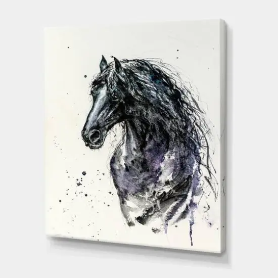 Designart - Portrait of Friesian Horse With Long Manes - Farmhouse Canvas Wall Art Print {1}