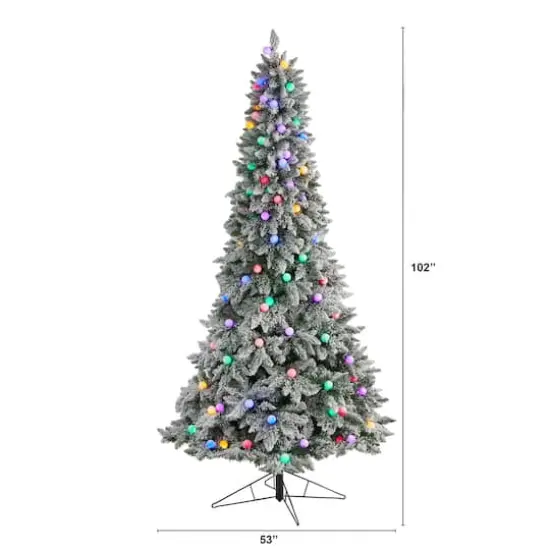 8.5ft. Pre-Lit Flocked British Columbia Mountain Fir Artificial Christmas Tree, Multicolor Globe Bulbs {5}