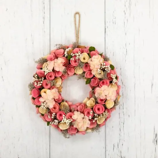 12.5" Pink Wooden Artificial Floral & Berries Spring Wreath {6}