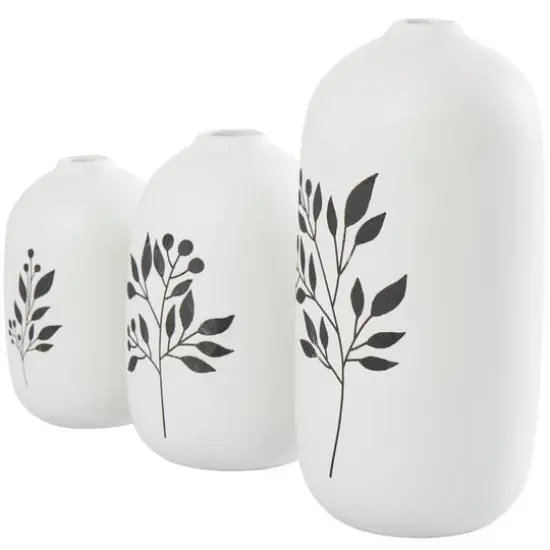 White Ceramic Vase with Black Leaf & Berry Prints Set {3}