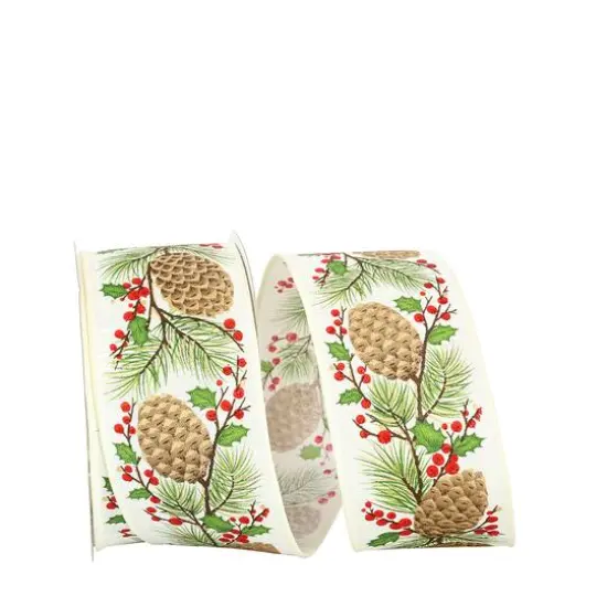 JAM Paper 2.5" x 20yd. Ivory Pinecone Holly Berries Linen Wired Ribbon {1}