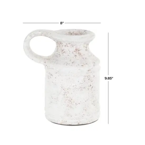10" White Ceramic Antique Style Textured Vase with Terracotta Accents and Ring Handle {6}