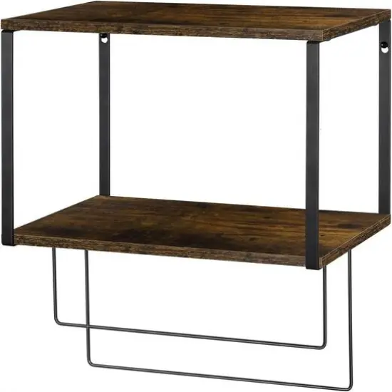 Brown Wood Wall Mount Bathroom 2 Tier Towel Shelf  {1}