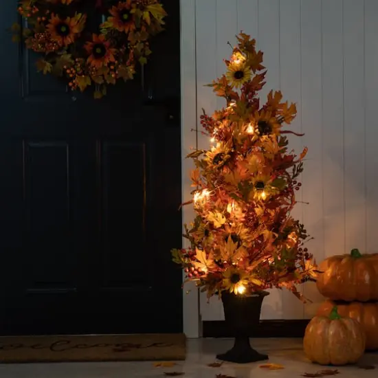 Glitzhome&reg; 48" Fall Lighted Maple Leaf & Sunflower Urn Porch Tree with Timer {5}