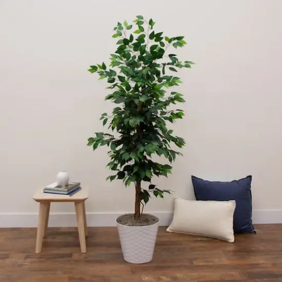 5.5ft. Artificial Ficus Double Stalk Tree in Hexagon Metal Planter {4}