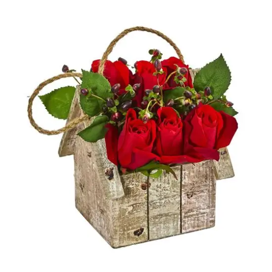 15" Elegant Red Rose Arrangement in Birdhouse Hanging Planter {3}