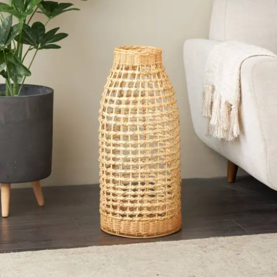 2ft. Brown Rattan Handmade Woven Vase with Open Framed Grid Design {9}