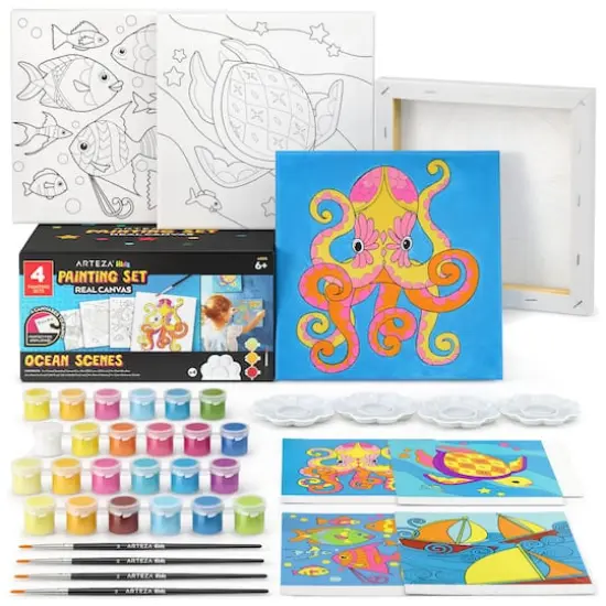 Arteza&reg; Kids Canvas Paint Kit, 4 8x8 Canvas with Brushes & Paints Ocean Scenes {1}