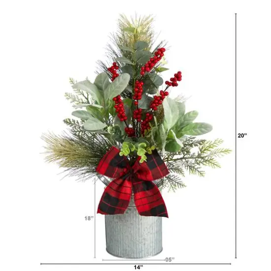 20" Holiday Winter Greenery, Pinecone & Berries with Bow Arrangement {4}