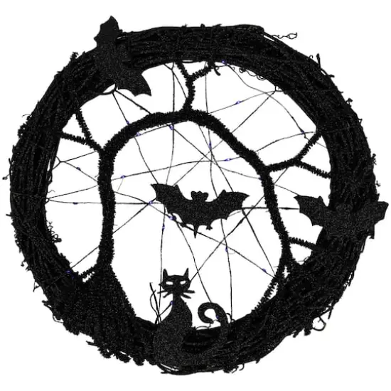 13" Black & Purple LED Halloween Twig Wreath with Bats {1}
