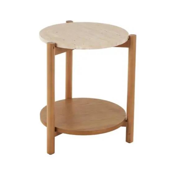 20.25" Brown Wood Handmade Round Side End Accent Table with Beige Marble Top {3}