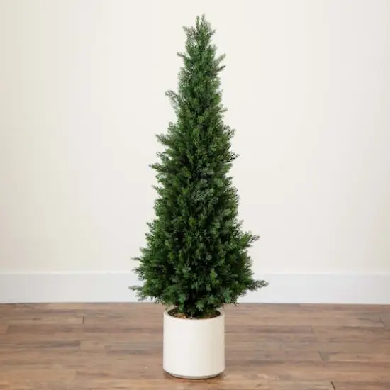 4ft. UV-Resistant Cedar Tree in White Planter {5}