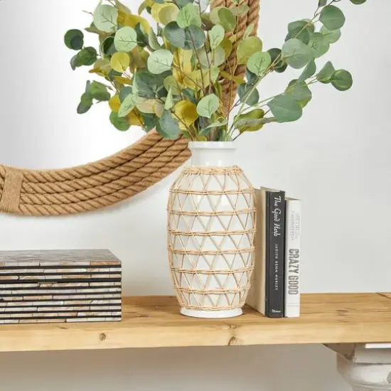 14" White Ceramic Vase with Woven Rattan Exterior {6}