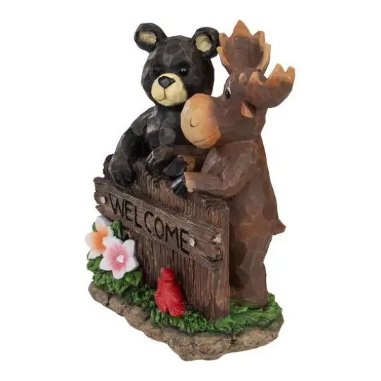 9.5" Black Bear & Moose Welcome Outdoor Garden Statue {4}