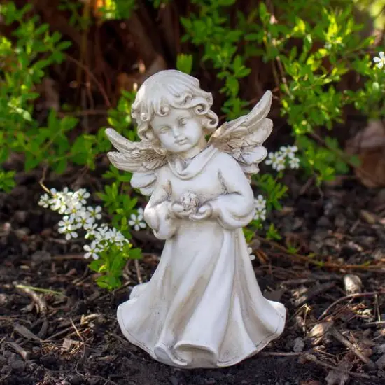 6.5" Angel Girl Holding Flower Outdoor Garden Statue {3}