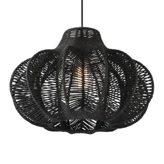 Hello Honey&reg; 17.75" Black Boho Handwoven Paper Rope & Metal Ceiling Pendant Lamp {6}