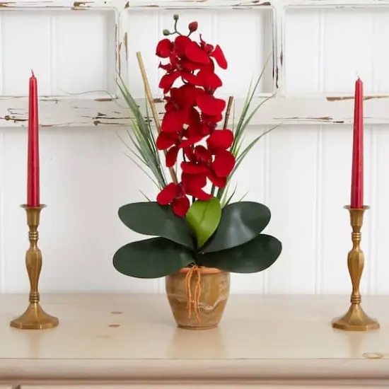 21" Red Orchid Silk Arrangement in Ceramic Vase {3}