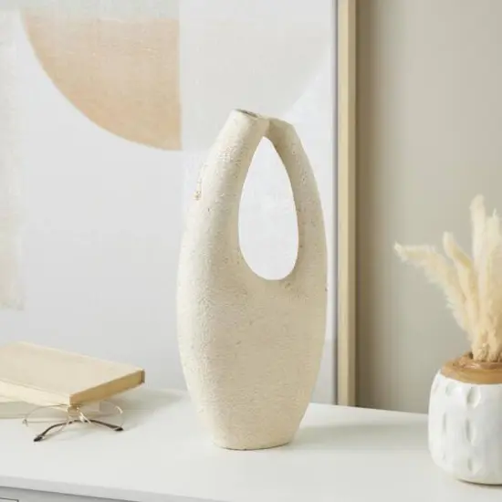 17.5" Cream Paper Mache Abstract Curved Cutout Vase with Brown Distressed Texturing {10}