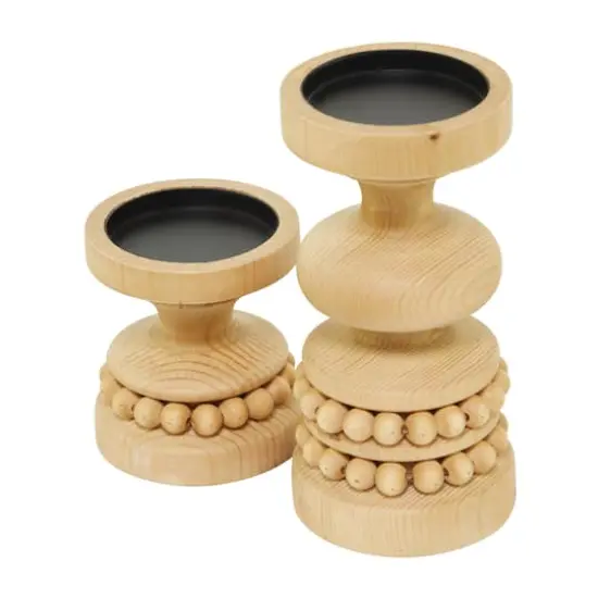 Brown Wood Beaded Pillar Candle Holder Set {3}