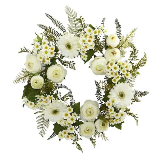 24&rdquo; Mixed Cream Daisies & Ranunculus Wreath {1}