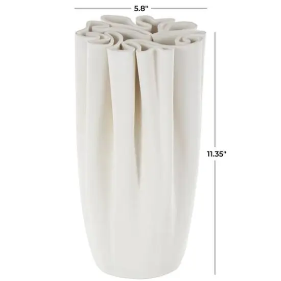 White Ceramic Abstract Ribbed Dimensional Folded Vase with Compact Wavy Rim {8}