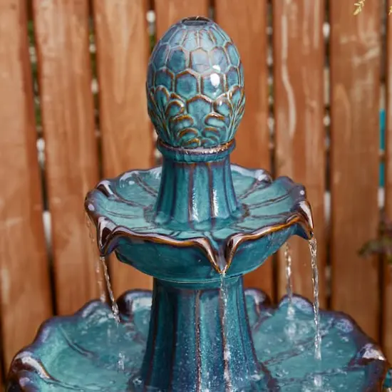 Glitzhome&reg; 45" 3-Tier LED Turquoise Pedestal Lotus Ceramic Outdoor Floor Fountain {7}