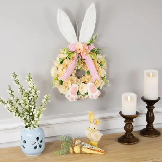 18" Wooden Floral Artificial Easter Wreath with Rabbit Ears & Paws {3}