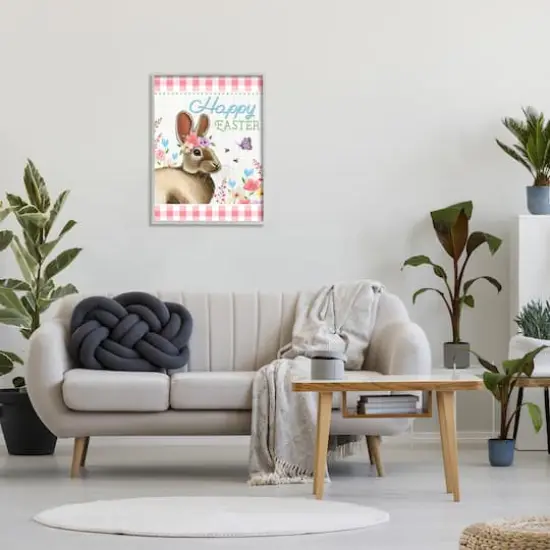 Stupell Industries Happy Easter Floral Gingham Rabbit Framed Giclee Art Gray {3}