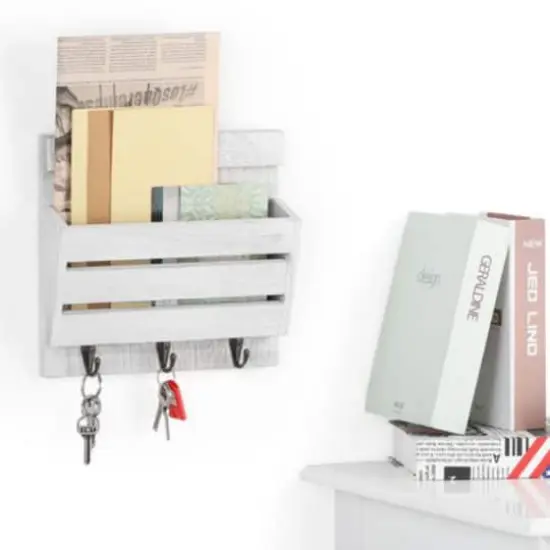 NEX&trade; 10" Rustic White Gray Wood Wall-Mounted Mail & Key Holder Organizer with 3 Key Hooks {4}