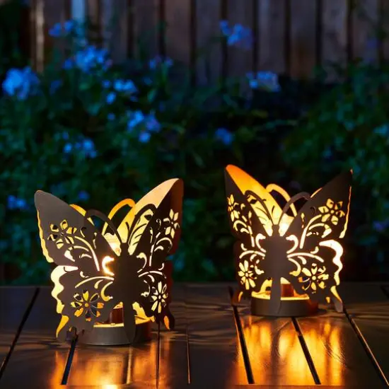 Glitzhome® 9" Metal Flying Butterfly Silhouette Solar Powdered Edison Bulb Outdoor Lanterns, 2ct. {3}