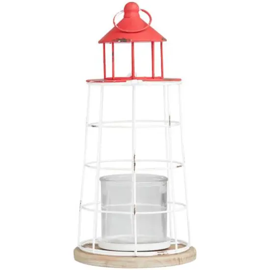 15" Red Metal Distressed Decorative Light House Candle Lantern {7}