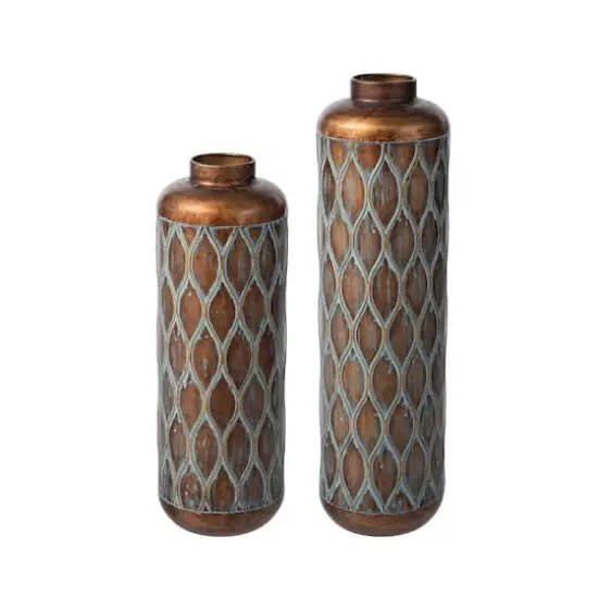 Glitzhome&reg; Antique Gold with Verdigris Finish Cylinder Metal Floor Vases Set {1}