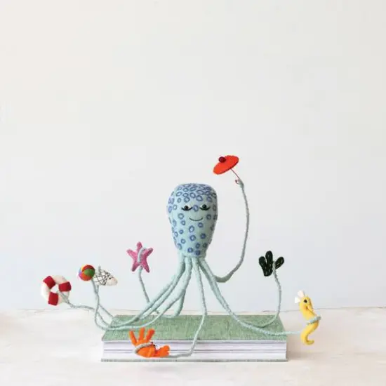 Hello Honey 23" Multicolor Handmade Wool Felt & Wire Octopus with Sea Creatures & Toys {4}