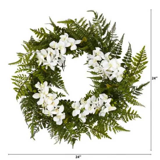 24" Mixed Fern & Moth Orchid Artificial Wreath {3}