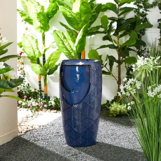 Glitzhome&reg; 29.25" LED Cobalt Blue Scale-Like Ceramic Pot Outdoor Floor Fountain {3}