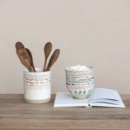 Hello Honey&reg; 5.5" Multicolor Hand-Stamped Stoneware Footed Bowl with Wax Relief Pattern Set {4}