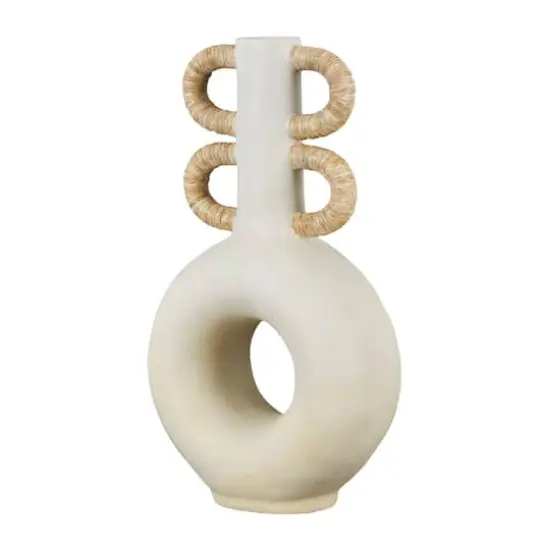 16" Cream Round Speckled Vase with Woven Inspired Arched Handles & Cutout Opening {4}