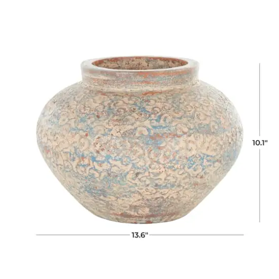Beige, Blue & Copper Antique Ceramic Scroll Handmade Decorative Vase {5}
