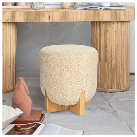 Hello Honey&reg; White Boucl&eacute; Fabric Upholstered Ottoman {3}