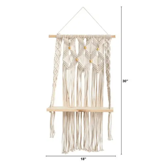2.5ft. x 1.5ft. Handmade Boho Macrame Wall Hanging with Wooden Shelf {3}