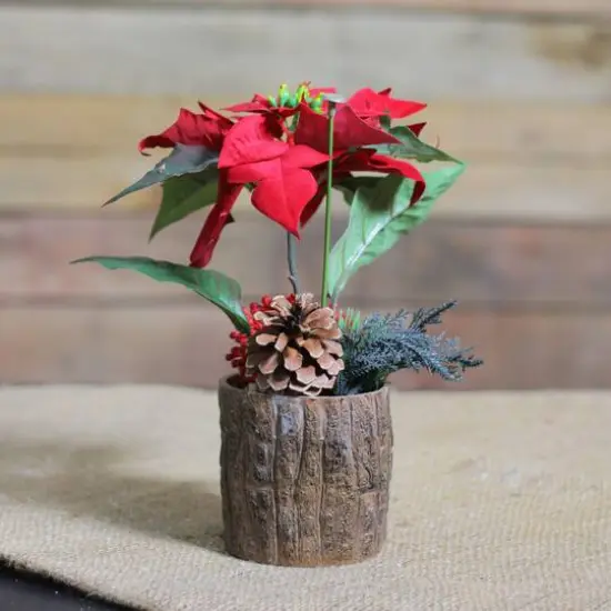 10" Artificial Poinsettia with Pinecone & Berries Potted Plant {4}