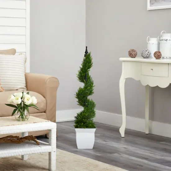 4ft. Spiral Cypress Topiary in White Metal Planter {5}
