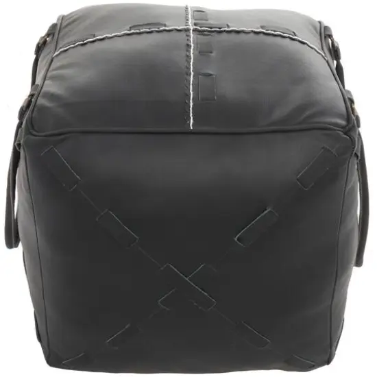 22" Leather Pouf with Woven Straps & Handles Black {4}