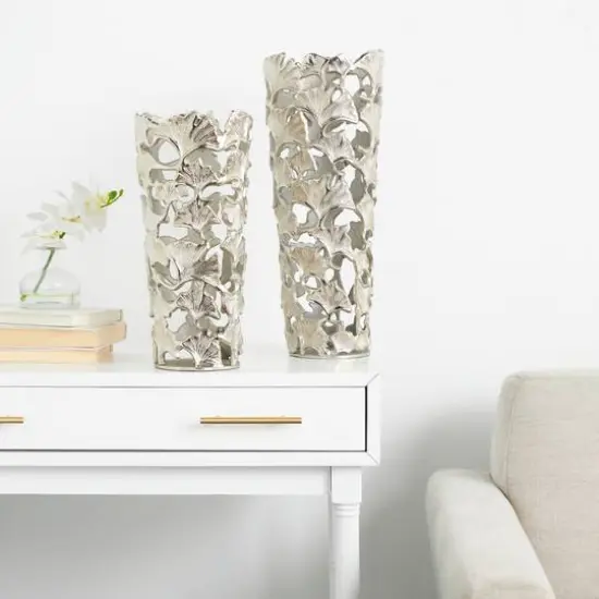 Silver Aluminum Vase with Gingko Leaf Design Set {10}