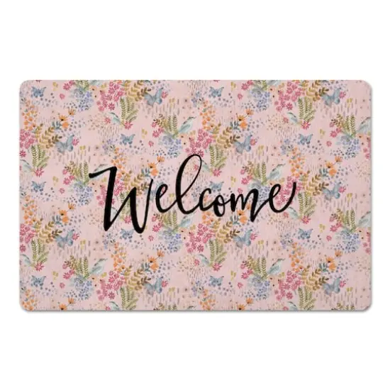 Welcome Butterfly Bird Floral Floor Mat Pink {1}